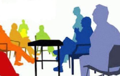 ilustrácia - farebné postavy sediace pri stole