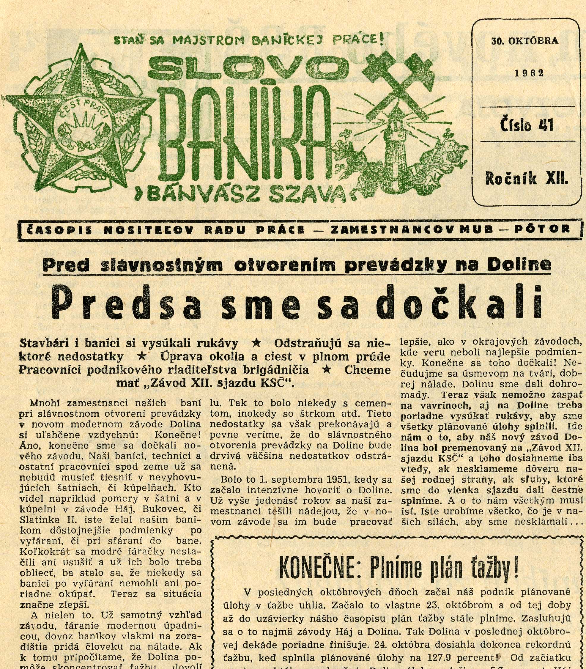 Slovo baníka, závodný časopis Modrokamenských uhoľných baní z roku 1963